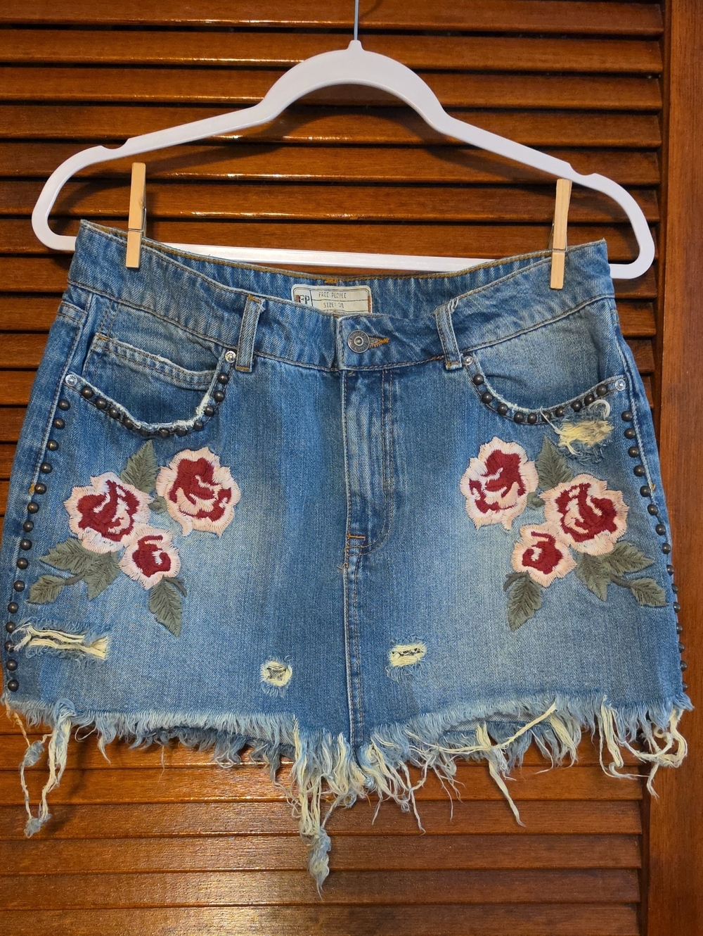 Free People Blue Denim Mini Skirt with Red Rose Embroidery